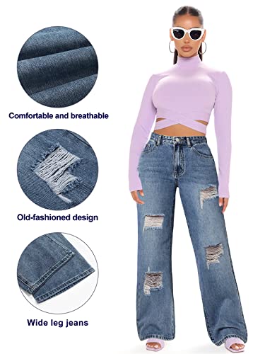 Genleck Womens Ripped Wide Leg Jeans High Waisted Baggy Y2K Distressed Jeans for Women Pants Denim