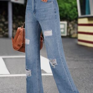 Genleck Womens Ripped Wide Leg Jeans High Waisted Baggy Y2K Distressed Jeans for Women Pants Denim