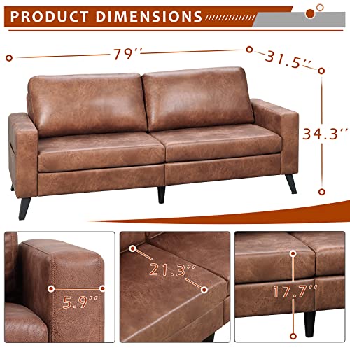 YODOLLA Leather Sofa Couch, Faux Leather Couch 79" Wide, Mid Century Modern Couches for Living Room, Brown Leather Sofa Couch, Saddle Brown