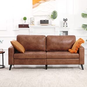 YODOLLA Leather Sofa Couch, Faux Leather Couch 79" Wide, Mid Century Modern Couches for Living Room, Brown Leather Sofa Couch, Saddle Brown