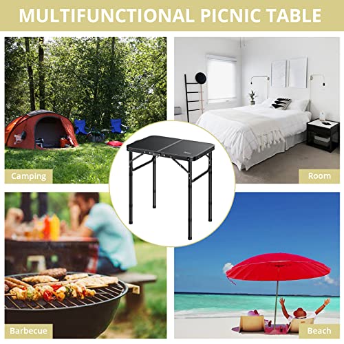 Anbte Folding Camping Table with Storage Net, Pure Black Aluminum 2ft Picnic Table 24" x 16" Outdoor Table Adjustable Height Max 26.5 inch, Lightweight, Waterproof, Portable Handle for Travel