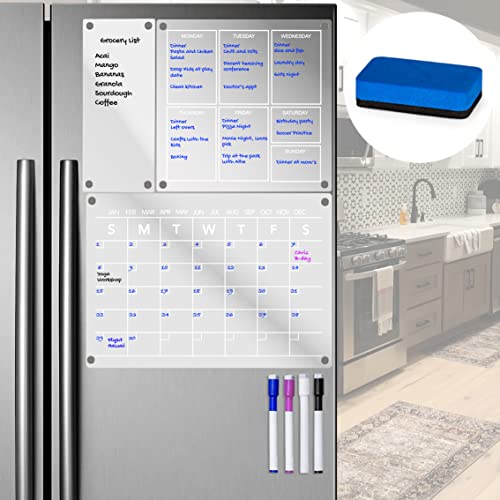 3 Planning Boards Clear White Acrylic Calendar for Fridge 8pc Set. Monthly Planner, Weekly Magnetic Calendar, Blank Dry Erase Board for Refrigerator, Magnet Markers, Eraser