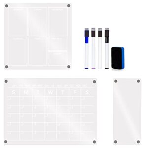 3 Planning Boards Clear White Acrylic Calendar for Fridge 8pc Set. Monthly Planner, Weekly Magnetic Calendar, Blank Dry Erase Board for Refrigerator, Magnet Markers, Eraser