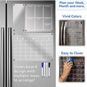 3 Planning Boards Clear White Acrylic Calendar for Fridge 8pc Set. Monthly Planner, Weekly Magnetic Calendar, Blank Dry Erase Board for Refrigerator, Magnet Markers, Eraser