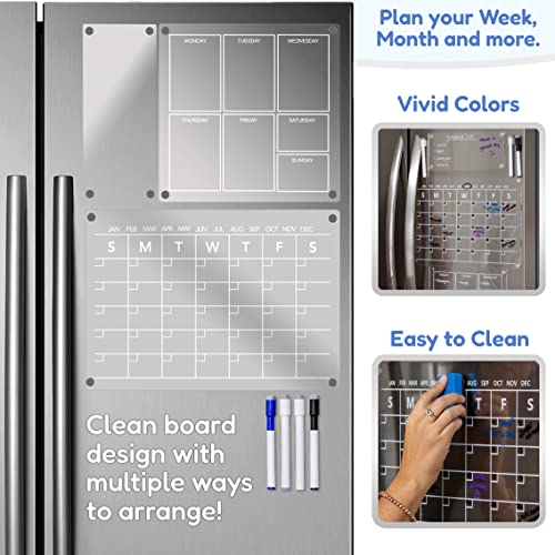 3 Planning Boards Clear White Acrylic Calendar for Fridge 8pc Set. Monthly Planner, Weekly Magnetic Calendar, Blank Dry Erase Board for Refrigerator, Magnet Markers, Eraser