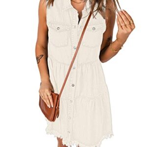 luvamia Women's Casual Summer Lapel Sleeveless Button Down Short Denim Jean Dress Denim Dress Women's White Plus Size Dresses for Women Brilliant White Size Xx-Large Fits Size 20 Size 22