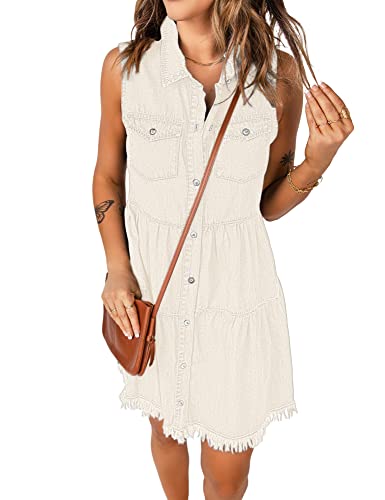 luvamia Women's Casual Summer Lapel Sleeveless Button Down Short Denim Jean Dress Denim Dress Women's White Plus Size Dresses for Women Brilliant White Size Xx-Large Fits Size 20 Size 22