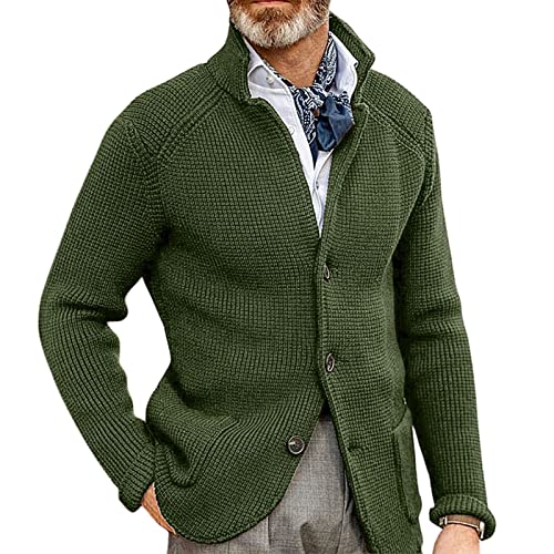 yoeasy Men Stand Collar Chunky Button Down Cardigan Sweater Long Sleeve Slim Fit Ribbed Knitted Sweater with Pocket (Medium, Army Green)