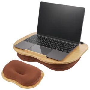 lap desk with pillow cushion, portable bamboo laptop stand with slot for tablet/phone, lightweight laptop desk tray, computer bed table for home travel, support up to 14" laptops