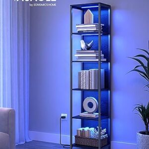 VASAGLE 6-Tier LED Bookshelf, Display Shelf with Dimmable Lights, LED Bookcase with Steel Frame, 11.9 x 15.7 x 70.3 Inches, for Living Room, Bedroom, Office, Black with Wood Grain ULLS121B56