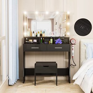 titoni makeup vanity with lighted mirror & power outlet, makeup table vanity set with 3 lighting colors, brightness adjustable