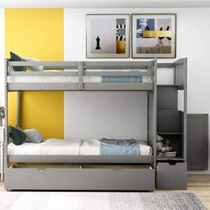 DNYN Stairway Twin Over Full & Twin Bunk Bed with Storage Shelves & Drawers,Convertible Bunkbeds,Wooden Home Furniture Bedframe,No Box Spring Need,Perfect for Kids Bedroom,Guest Room, Gray