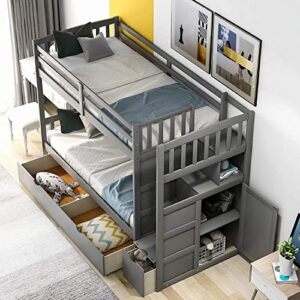 dnyn stairway twin over full & twin bunk bed with storage shelves & drawers,convertible bunkbeds,wooden home furniture bedframe,no box spring need,perfect for kids bedroom,guest room, gray