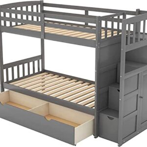DNYN Stairway Twin Over Full & Twin Bunk Bed with Storage Shelves & Drawers,Convertible Bunkbeds,Wooden Home Furniture Bedframe,No Box Spring Need,Perfect for Kids Bedroom,Guest Room, Gray