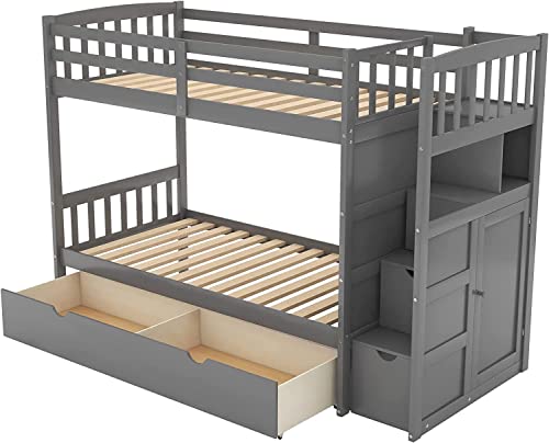 DNYN Stairway Twin Over Full & Twin Bunk Bed with Storage Shelves & Drawers,Convertible Bunkbeds,Wooden Home Furniture Bedframe,No Box Spring Need,Perfect for Kids Bedroom,Guest Room, Gray