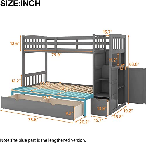 DNYN Stairway Twin Over Full & Twin Bunk Bed with Storage Shelves & Drawers,Convertible Bunkbeds,Wooden Home Furniture Bedframe,No Box Spring Need,Perfect for Kids Bedroom,Guest Room, Gray