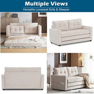 VINGLI Upgraded 64" W 84" L Full Size Futon Sofa Bed, 6" Thick Upholstery Chenille Loveseat Sofa Sleeper Pull Out Couch,Convertible Floor Couch for Living Room, Bedroom, Entertainment Room, Beige