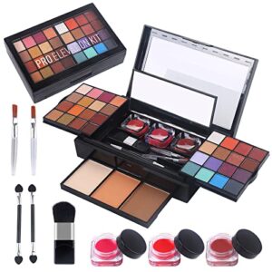 all in one makeup set for women full kit, includes 32 colors makeup kit eyeshadow palette, 3 solid lip gloss, 5 pro makeup brushes, 3 highlighter & contour, 1 make up mirror, ideal makeup palette gift set for women girls teens