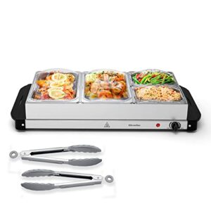 eficentline 7.5qt buffet server and warmer,electric food warmer for parties,stainless steel warming trays with adjustable temperature,2x 2.5 qt & 2x1.25 qt warming pans,2 x silicone kitchen tongs