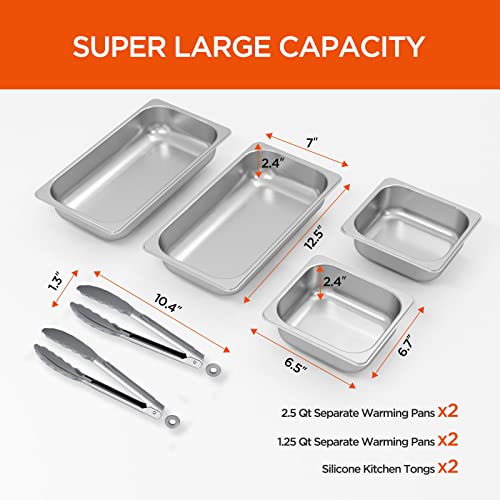 Eficentline 7.5Qt Buffet Server and Warmer,Electric Food Warmer for Parties,Stainless Steel Warming Trays with Adjustable Temperature,2x 2.5 Qt & 2x1.25 Qt Warming Pans,2 x Silicone Kitchen Tongs