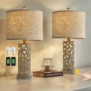 OYEARS 3-Way Dimmable 22'' USB A+C Touch Control Table Lamp Set of 2 with Nightlight for Living Room Bedroom Farmhouse Bedside Nightstand Lamps (2 Bulbs and 2 Built-in LED Beads Included)