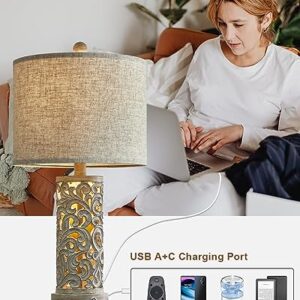 OYEARS 3-Way Dimmable 22'' USB A+C Touch Control Table Lamp Set of 2 with Nightlight for Living Room Bedroom Farmhouse Bedside Nightstand Lamps (2 Bulbs and 2 Built-in LED Beads Included)