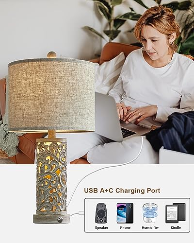 OYEARS 3-Way Dimmable 22'' USB A+C Touch Control Table Lamp Set of 2 with Nightlight for Living Room Bedroom Farmhouse Bedside Nightstand Lamps (2 Bulbs and 2 Built-in LED Beads Included)