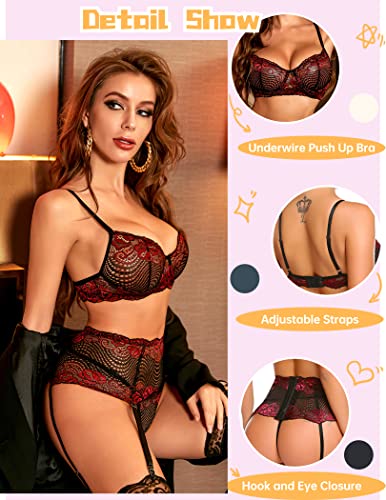 Avidlove Sexy Lingerie Set for Women with Garter Belts Lace Boudoir Lingerie set Sexy Outfits Wine Red,X-Large