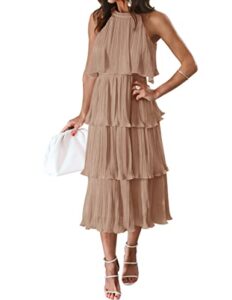 zesica women's 2023 summer sleeveless halter neck ruffle tiered layed chiffon flowy swing long midi dress,khaki,large