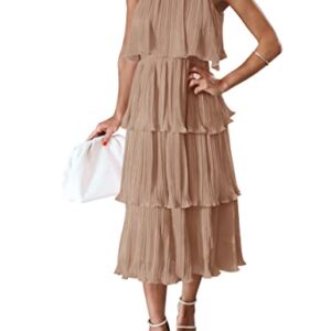 ZESICA Women's 2023 Summer Sleeveless Halter Neck Ruffle Tiered Layed Chiffon Flowy Swing Long Midi Dress,Khaki,Large