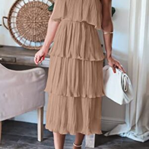 ZESICA Women's 2023 Summer Sleeveless Halter Neck Ruffle Tiered Layed Chiffon Flowy Swing Long Midi Dress,Khaki,Large