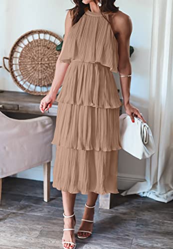 ZESICA Women's 2023 Summer Sleeveless Halter Neck Ruffle Tiered Layed Chiffon Flowy Swing Long Midi Dress,Khaki,Large