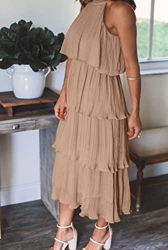 ZESICA Women's 2023 Summer Sleeveless Halter Neck Ruffle Tiered Layed Chiffon Flowy Swing Long Midi Dress,Khaki,Large