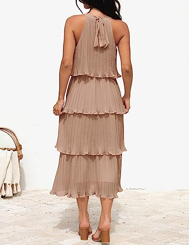 ZESICA Women's 2023 Summer Sleeveless Halter Neck Ruffle Tiered Layed Chiffon Flowy Swing Long Midi Dress,Khaki,Large