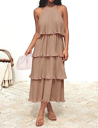 ZESICA Women's 2023 Summer Sleeveless Halter Neck Ruffle Tiered Layed Chiffon Flowy Swing Long Midi Dress,Khaki,Large