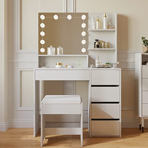 Furnideco 37" W Makeup Vanity with Lights,Vanity Desk with Chair, 5 Drawers Makeup Table with Lighted Mirror, 3 Lighting Colors,for Women Girls, White