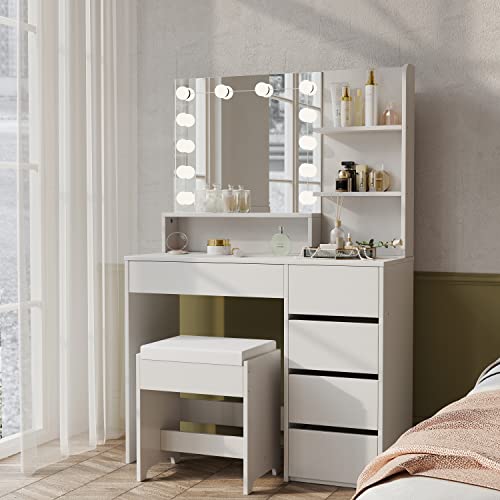 Furnideco 37" W Makeup Vanity with Lights,Vanity Desk with Chair, 5 Drawers Makeup Table with Lighted Mirror, 3 Lighting Colors,for Women Girls, White