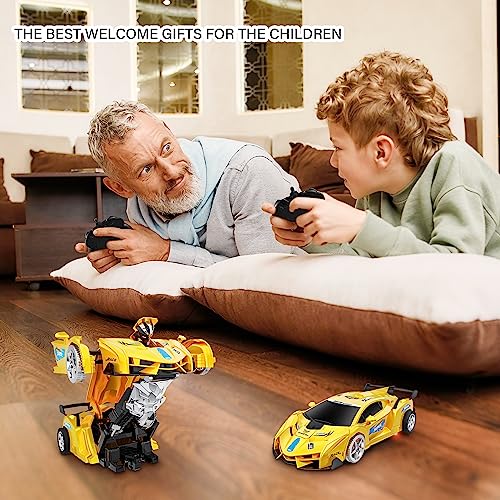 Remote Control Car, Toy for 3-8 Year Old Boy, 360° Rotating RC Deformation Robot Car Toy with LED Light, Transform Robot RC Car Age 3 4 5 6 7 8-12 Year Old for Kid, Boys Girls Birthday Gift (Yellow)