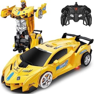 remote control car, toy for 3-8 year old boy, 360° rotating rc deformation robot car toy with led light, transform robot rc car age 3 4 5 6 7 8-12 year old for kid, boys girls birthday gift (yellow)