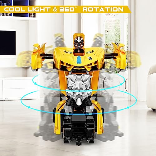 Remote Control Car, Toy for 3-8 Year Old Boy, 360° Rotating RC Deformation Robot Car Toy with LED Light, Transform Robot RC Car Age 3 4 5 6 7 8-12 Year Old for Kid, Boys Girls Birthday Gift (Yellow)