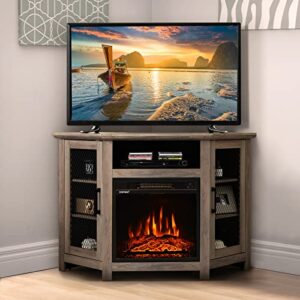 costway fireplace corner tv stand for tvs up to 50 inches, modern electric fireplace entertainment center with remote control, 3 brightness, overheat protection (gray)