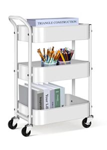 aooda 3 tier under desk metal rolling cart with handle and lockable wheels, 27'' height small book cart mobile art cart rolling storage organizer for office, bathroom, kitchen, nursery (white)