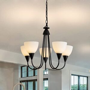 huismier 5 light contemporary chandeliers with alabaster glass shade, modern black dining room chandelier mid century hanging pendant lighting fixtures for living room foyer bedroom