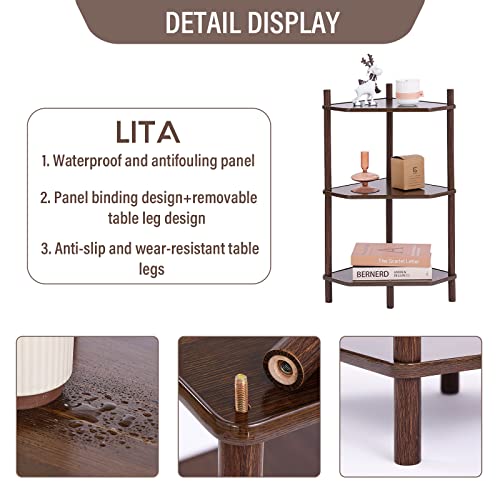 LITA Wood Side Table, 3-Tier Nightstand Log Small End Table for Living Room Bedroom Office Small Spaces, Indoor Small Coffee Table, Easy Assembly Decro Bedside Table，Walnut