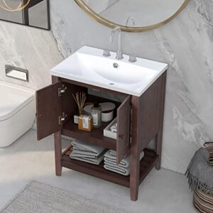 merax 24" modern sleek bathroom vanity elegant ceramic sink with solid wood frame open style shelf, brown