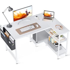 odk small l shaped computer desk, 40 inch corner desk with reversible storage shelves & pc stand for home office workstation, modern simple writing study table with storage bag for small space, white