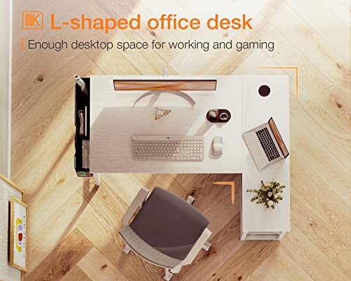 ODK Small L Shaped Computer Desk, 40 Inch Corner Desk with Reversible Storage Shelves & PC Stand for Home Office Workstation, Modern Simple Writing Study Table with Storage Bag for Small Space, White