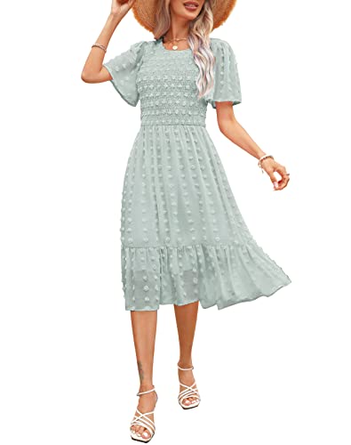 Annebouti Womens Summer Dress 2023 Flutter Short Sleeve Casual Modest Cute Swing Flowy Chiffon Swiss Dot Smocked Midi Dress Solid Light Green L