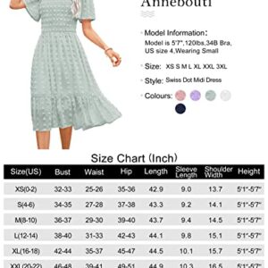 Annebouti Womens Summer Dress 2023 Flutter Short Sleeve Casual Modest Cute Swing Flowy Chiffon Swiss Dot Smocked Midi Dress Solid Light Green L