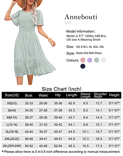 Annebouti Womens Summer Dress 2023 Flutter Short Sleeve Casual Modest Cute Swing Flowy Chiffon Swiss Dot Smocked Midi Dress Solid Light Green L